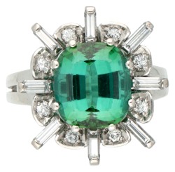 14 kt. Witgouden ring bezet met ca. 4.87 ct. natuurlijke bicolor toermalijn en ca. 0.80 ct. diamant.