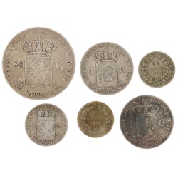 Lot (6) 2½ gulden, guldens, halve gulden en 25 cent. Willem II. 1845, 1848 en 1849. Gemiddeld Zeer Fraai.