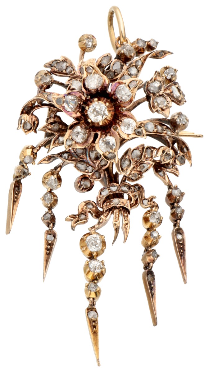 Antieke 14 kt. roségouden 'en tremblant' boeket hanger / broche bezet met ca. 0.74 ct. diamant.