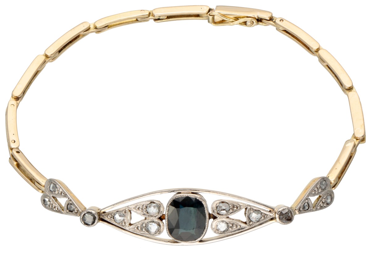 14 kt. Geelgouden antieke armband bezet met saffier en diamant.