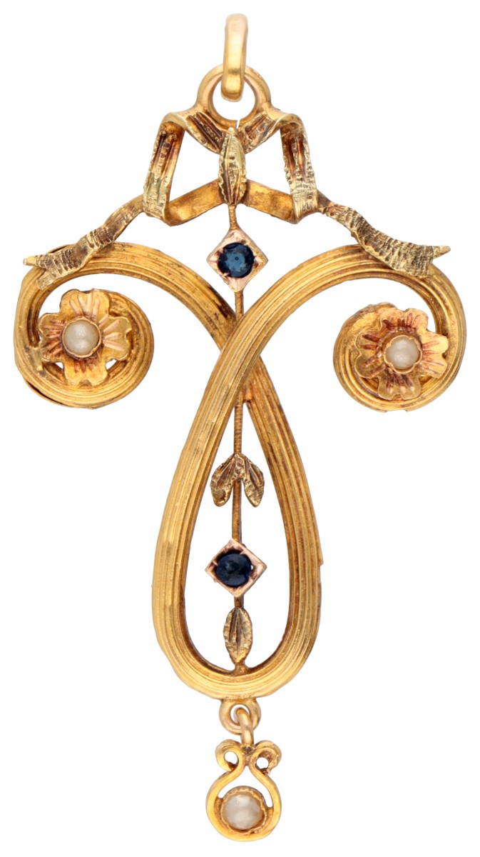 18 kt. Geelgouden art nouveau hanger bezet met zaadparels en blauwe kleurstenen.