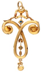 18 kt. Geelgouden art nouveau hanger bezet met zaadparels en blauwe kleurstenen.