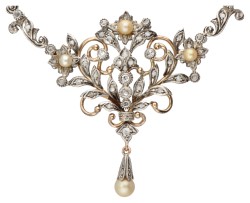 Antieke Portugese 18 kt. roségouden collier en hanger bezet met diamanten en parels.