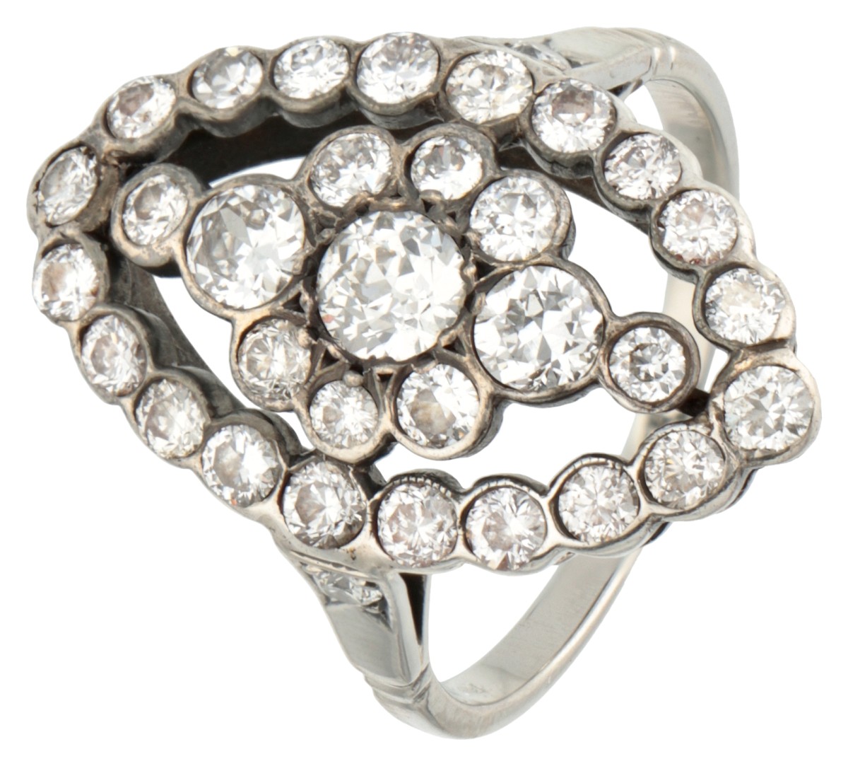 14 kt. Witgouden navette ring bezet met ca. 1.44 ct. diamant.