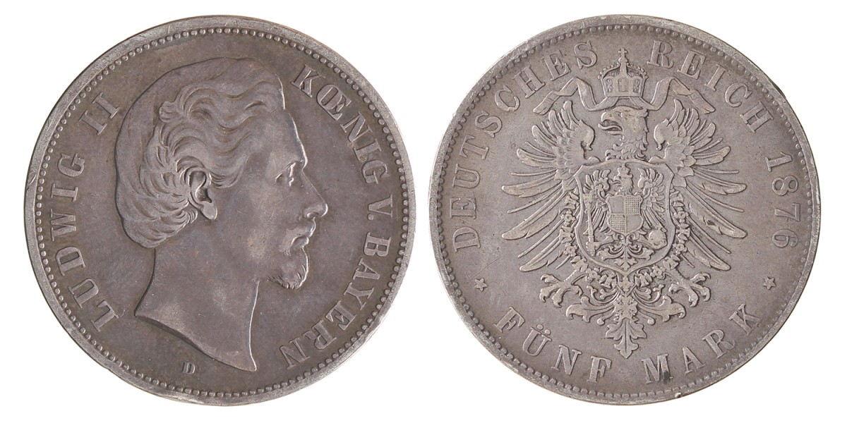 German states. Bavaria. Lüdwich II. 5 Mark. 1876 D.