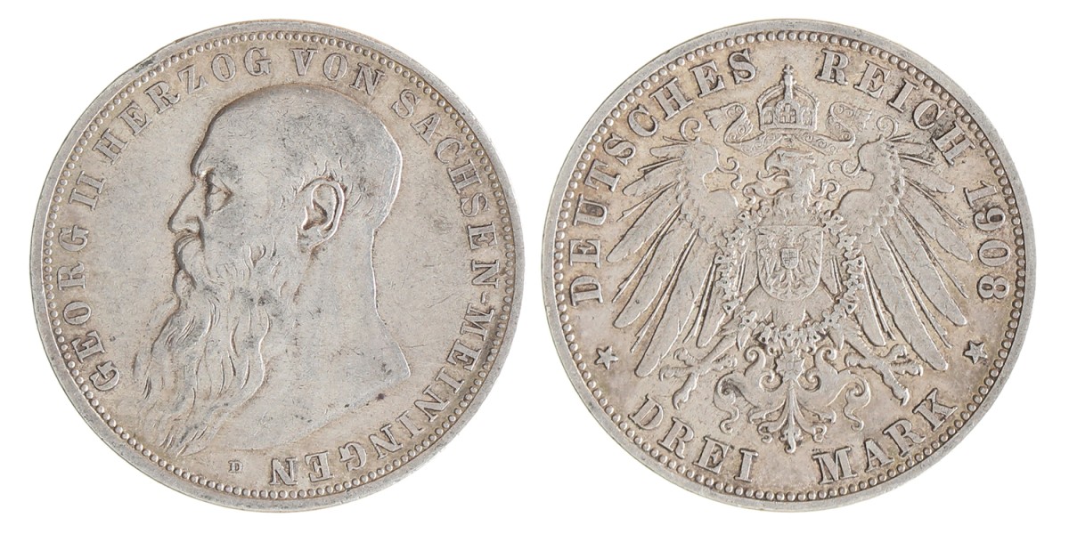 German states. Saxony - Meiningen. Georg II. 3 Mark. 1908 D.