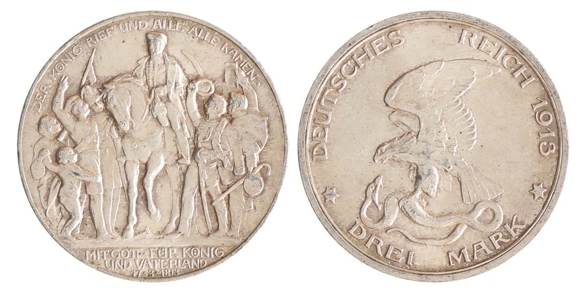 German states. Prussia. Wilhelm II. 3 Mark - Völkerschlacht centennial. 1913 A.