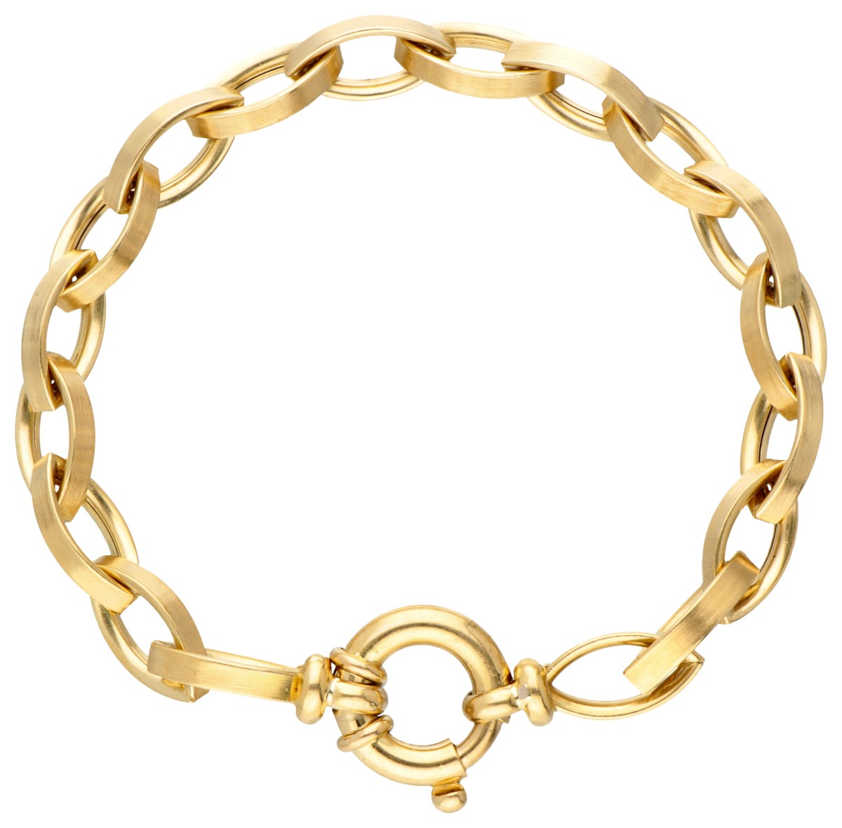18 kt. Geelgouden schakelarmband met licht gematteerde schakels.