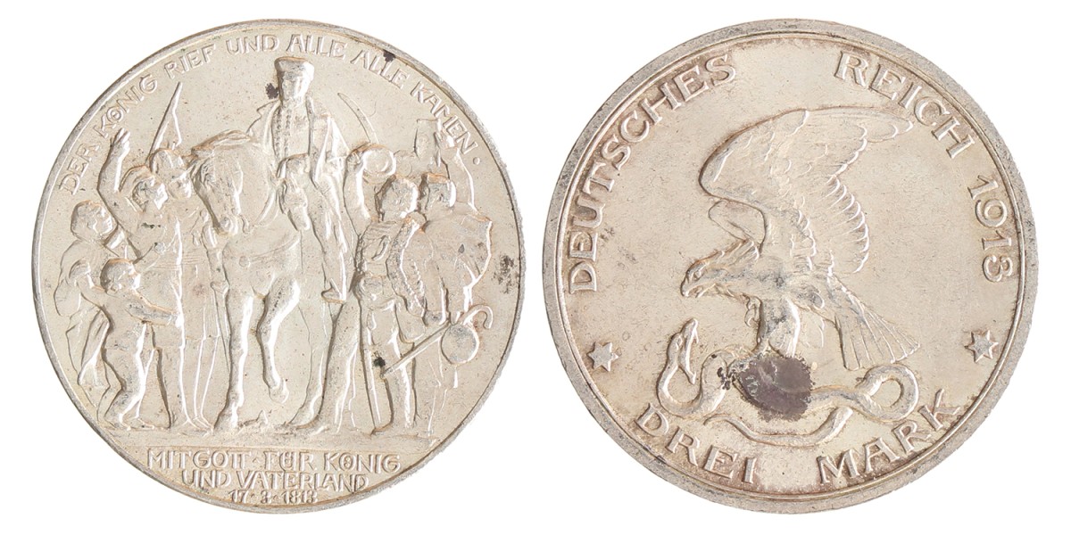 German states. Prussia. Wilhelm II. 3 Mark - Völkerschlacht centennial. 1913 A.