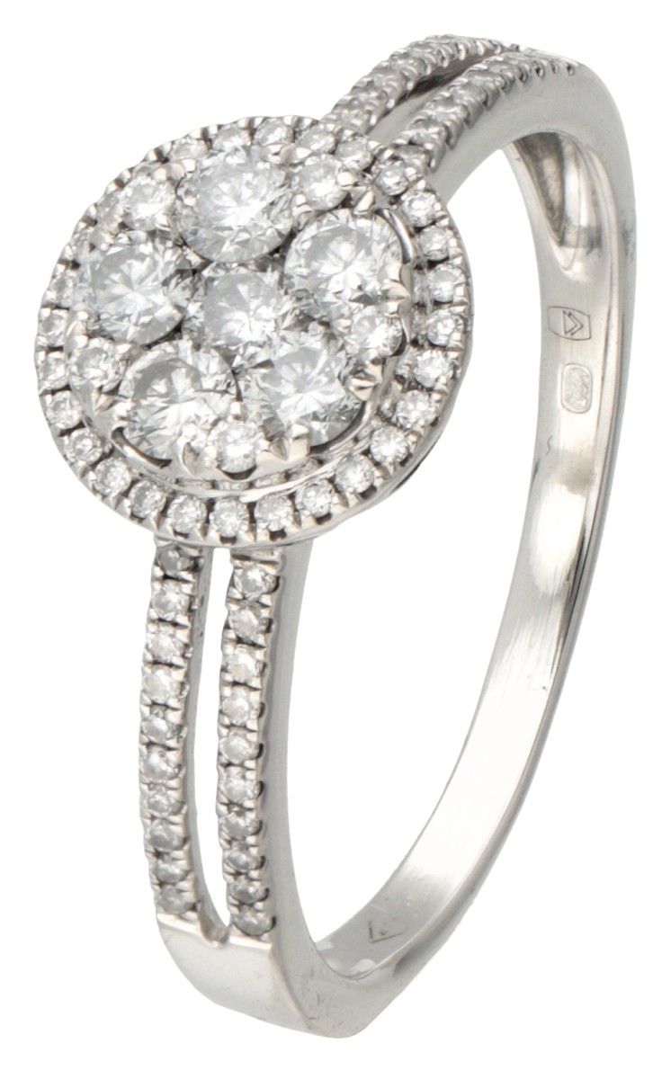 18 kt. Witgouden halo ring bezet met ca. 0.89 ct. diamant.