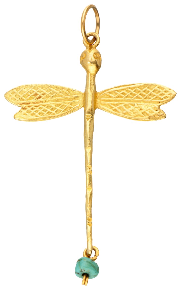 Vintage 18 kt. geelgouden hanger in de voorstelling van een libelle bezet met een turkoois.