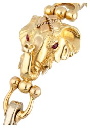 Vintage 18 kt. geelgouden bangle armband met voorstelling van een olifant kop bezet met robijn.