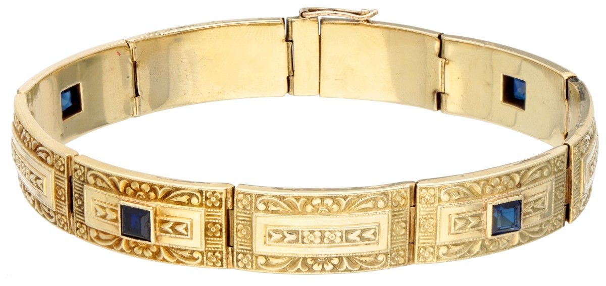 Vintage 14 kt. geelgouden armband bezet met ca. 1.52 ct. synthetische saffier.