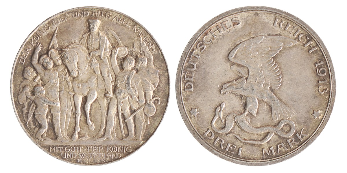 German states. Prussia. Wilhelm II. 3 Mark - Völkerschlacht centennial. 1913 A.