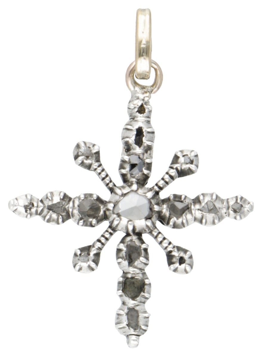 Sterling zilveren kruisvormige hanger bezet met roos geslepen diamanten.