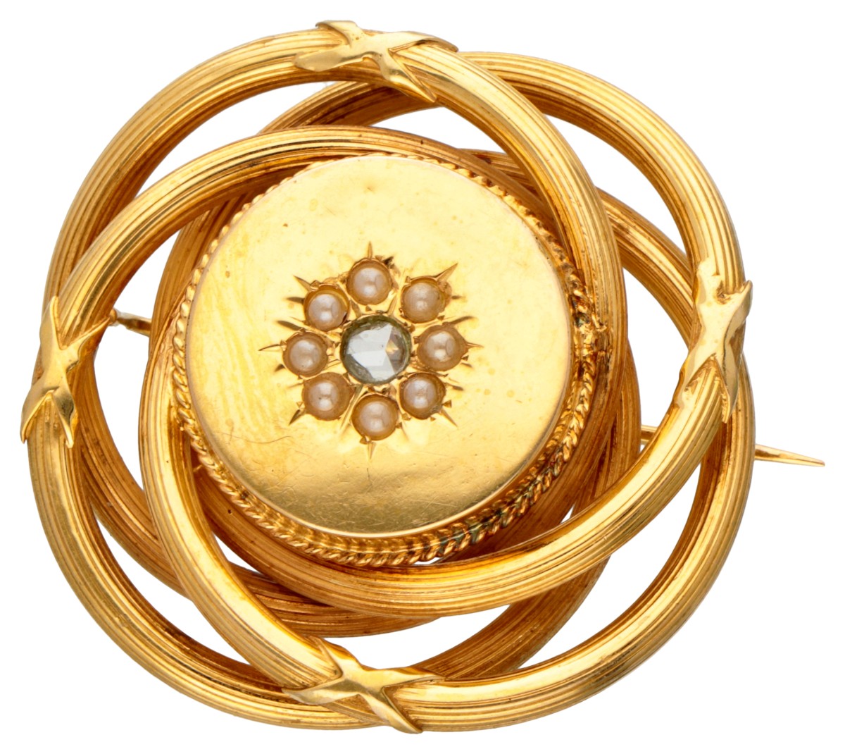 18 kt. Geelgouden broche bezet met roos geslepen diamant en zaadparels.