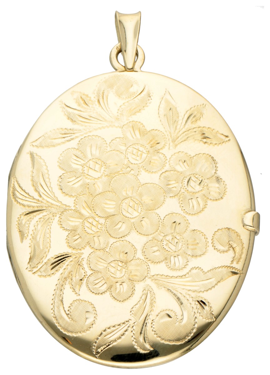 Vintage 14 kt. geelgouden medaillon hanger met gegraveerde florale details.