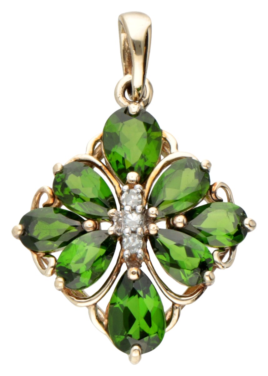 Vintage BWG 8 kt. geelgouden hanger bezet met ca. 1.68 ct. peridot en diamant.