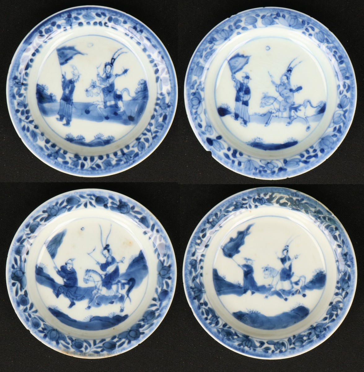Een lot van (4) Porseleinen schoteltjes met ruiter en lansier decoratie. China, Kangxi.