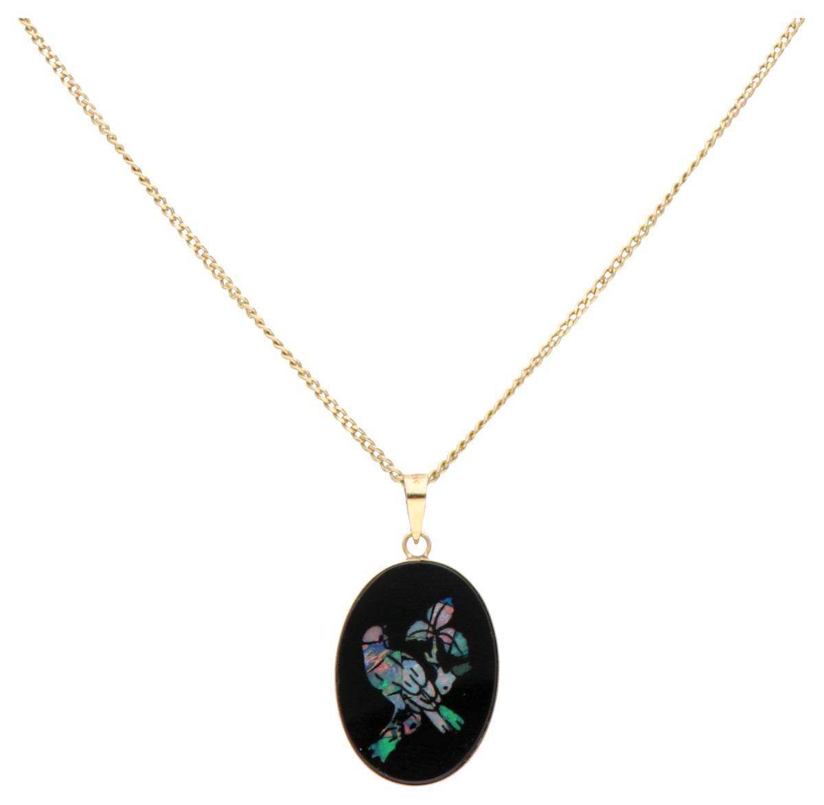 14 kt. Geelgouden collier en vintage hanger met een opaal triplet van een vogel op een tak.