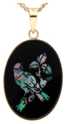 14 kt. Geelgouden collier en vintage hanger met een opaal triplet van een vogel op een tak.