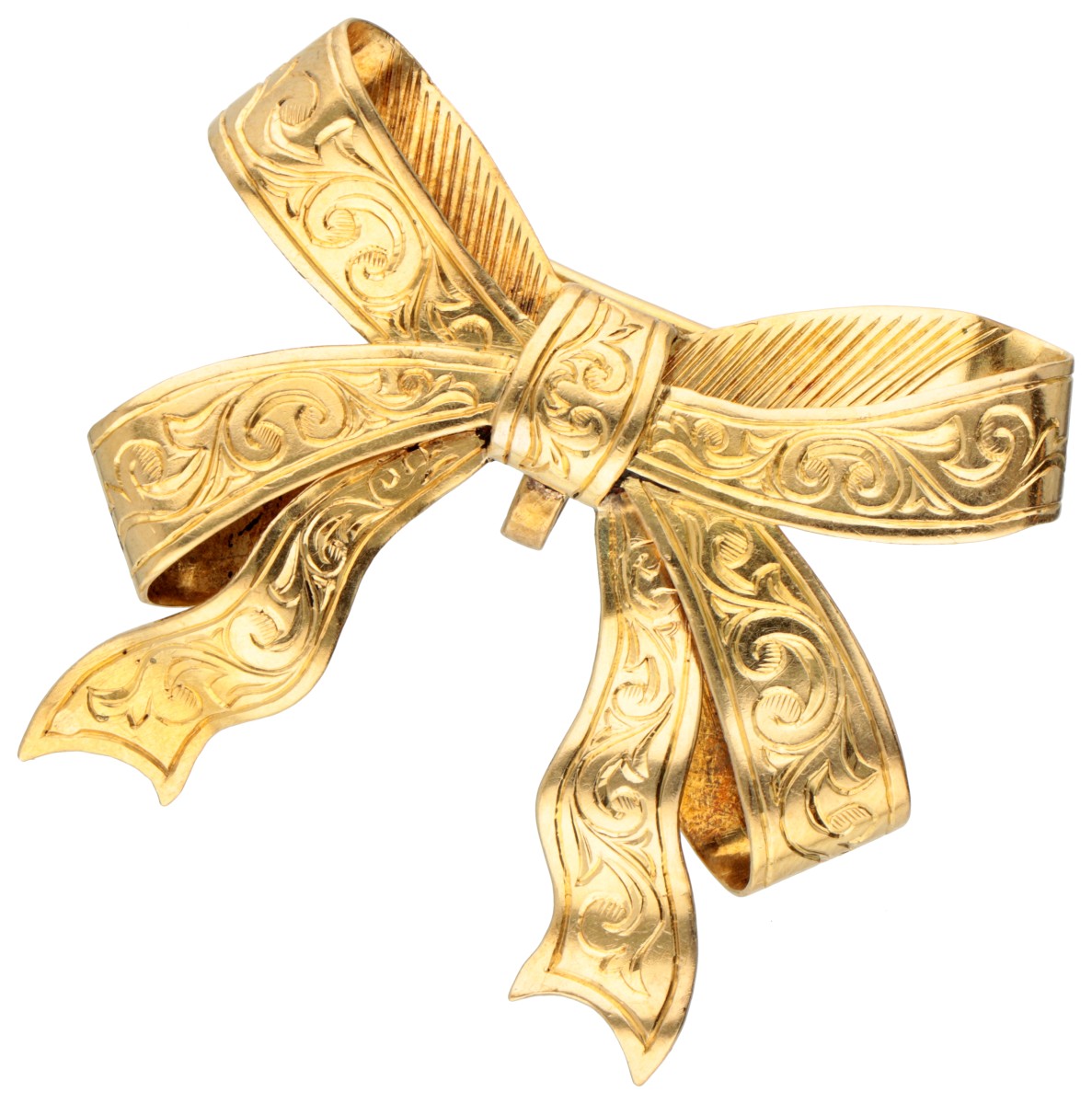 Portugese 18K geelgouden strik broche gedecoreerd met acanthus bladeren.