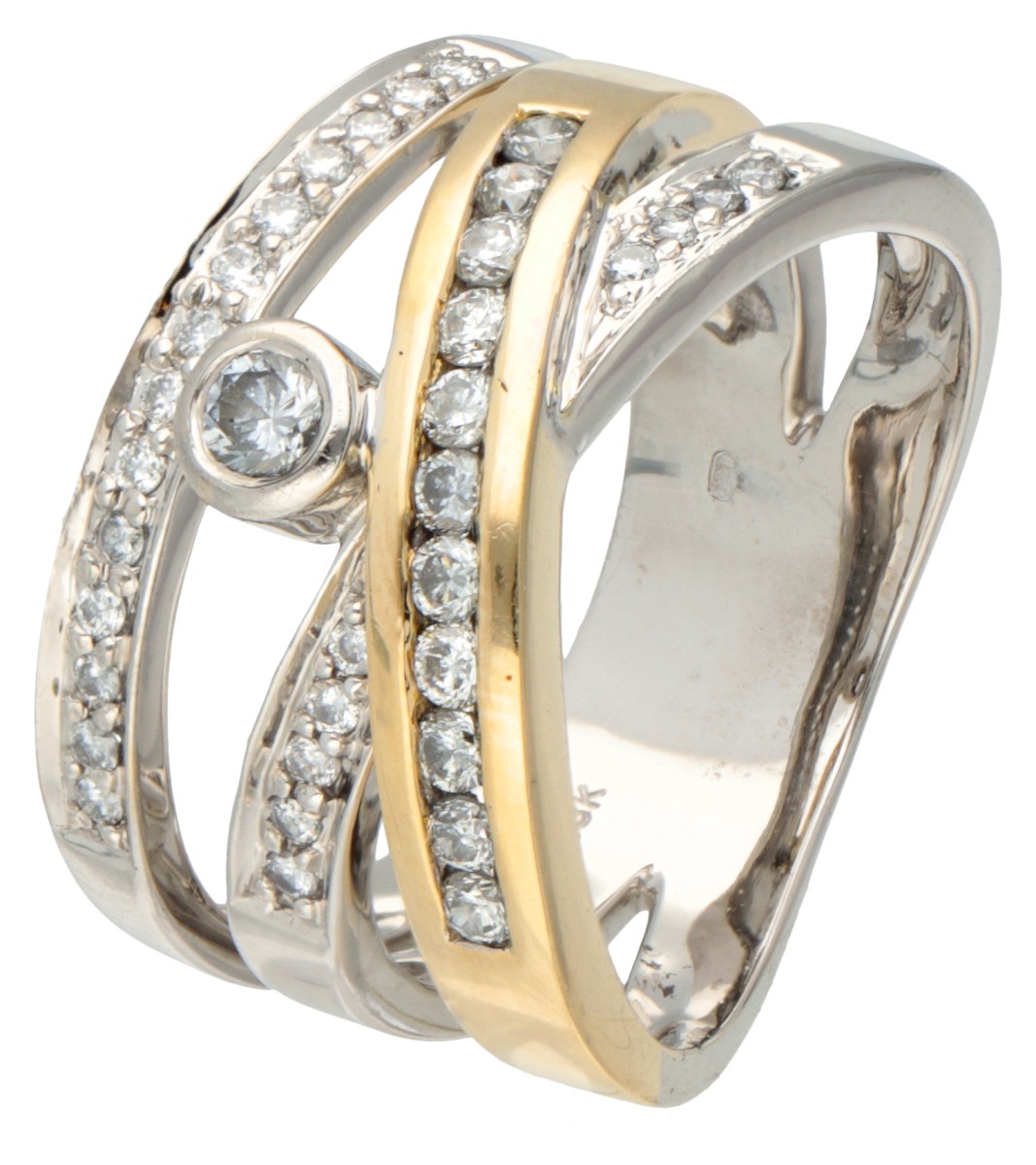 18 kt. Bicolor gouden ring bezet met ca. 0.43 ct. diamant.