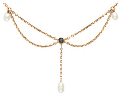 Vintage 14K geelgouden collier bezet met een saffier en parels.