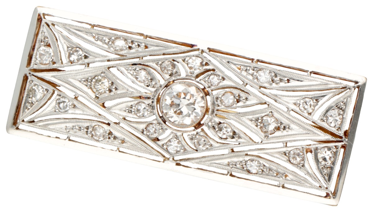 18K Geelgouden / platina Art Deco broche bezet met ca. 0.75 ct. diamant.