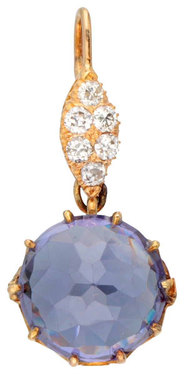 Vintage 14 kt. geelgouden hanger bezet met ca. 0.42 ct. diamant en synthetische korund met kleurwisseleffect.