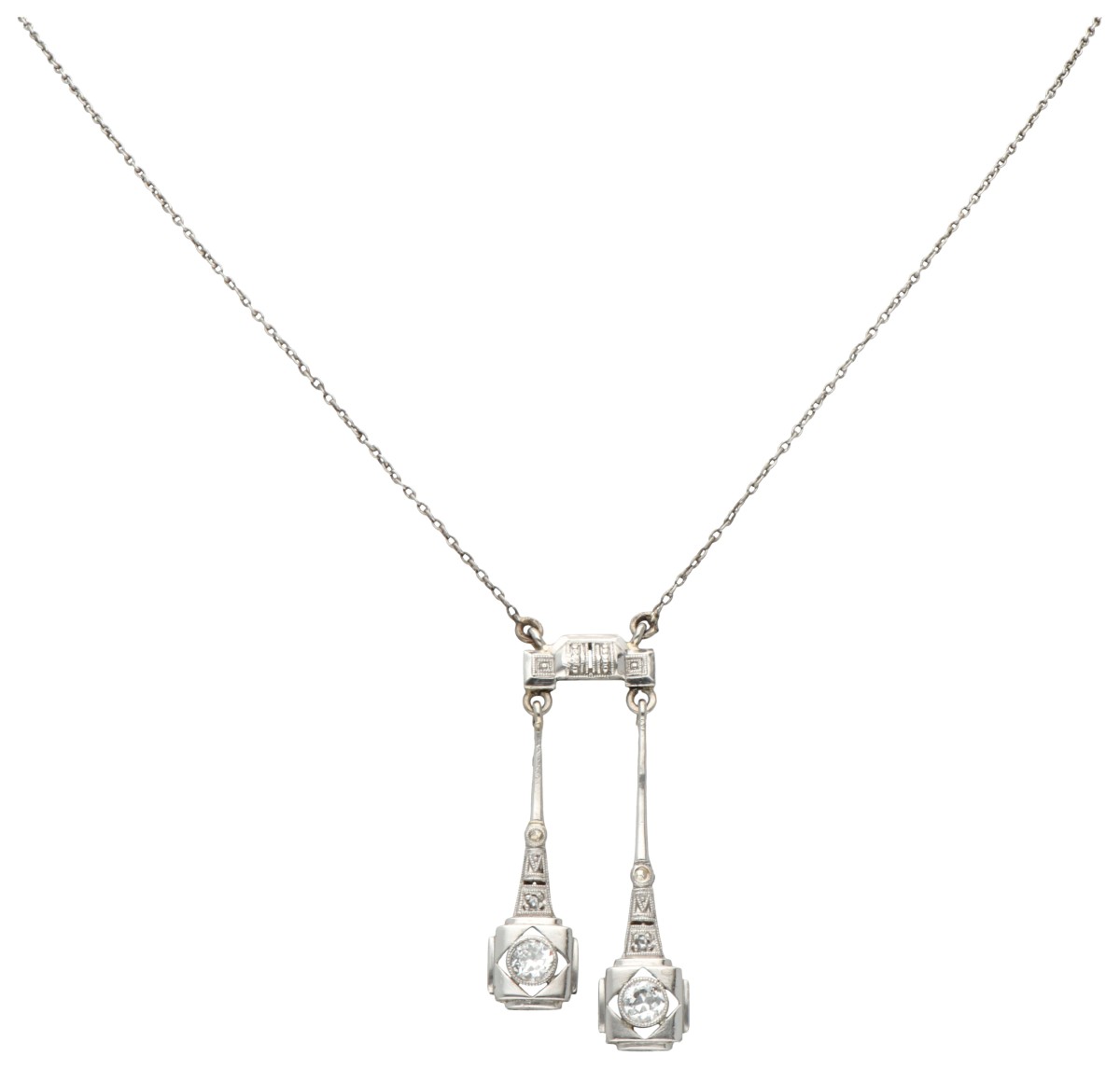 14 kt. Witgouden art deco negligé-collier bezet met ca. 0.26 ct. diamant.