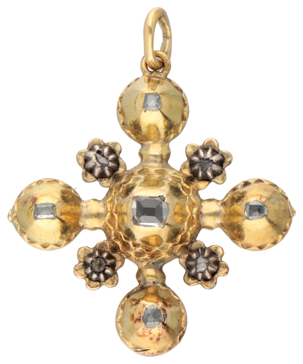 Antieke 19e-eeuwse BWG geelgouden Franse 'croix capucine' hanger bezet met diamant.