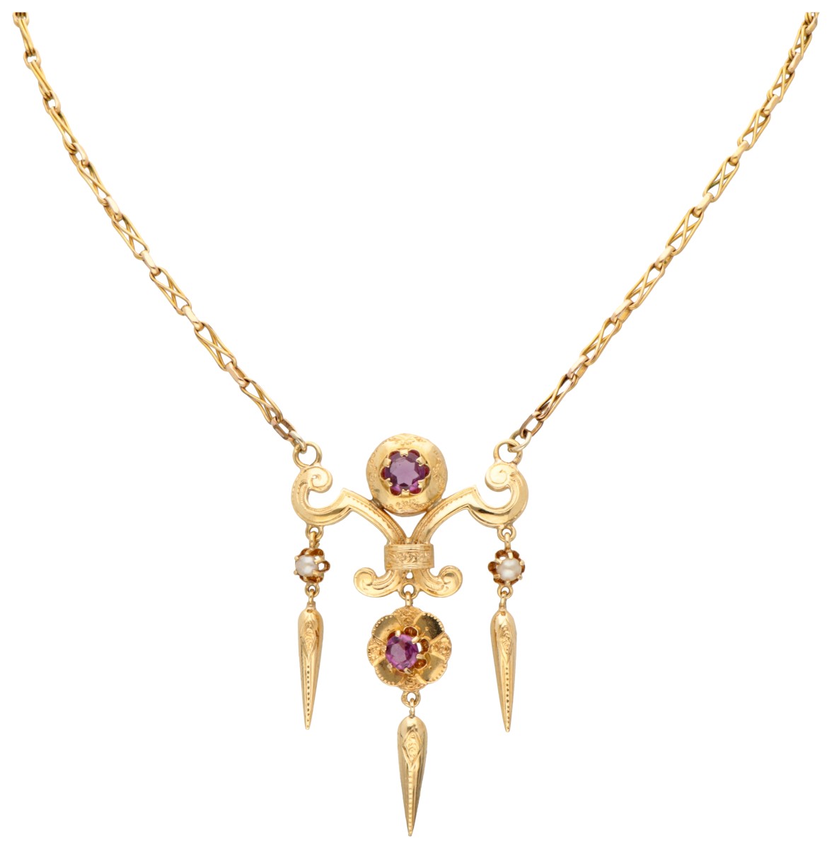 Antiek 18 kt. geelgouden collier met hanger in de voorstelling van een fleur de lis, bezet met ca. 0.58 ct. rhodoliet granaat en zaadparels.