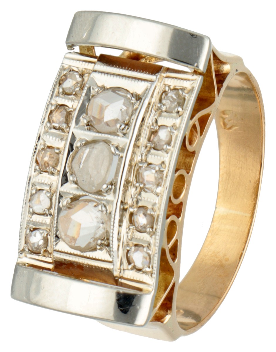 18K Geelgouden retro ring bezet met roos geslepen diamant.