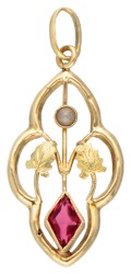 Antieke 14K geelgouden hanger bezet met glasgranaat en zaadparel.